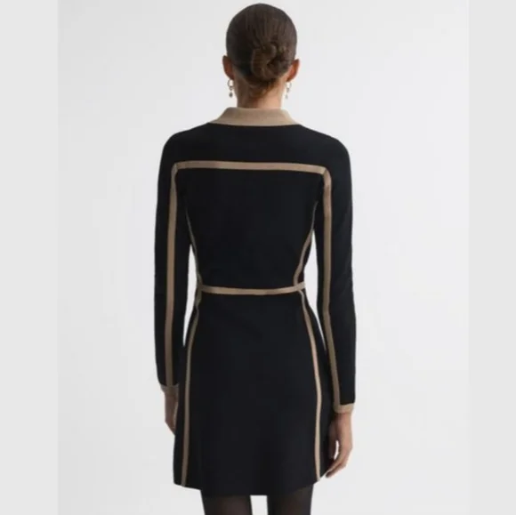 Reiss Nikki Contrast Trim Long-Sleeved Mini Dress - Black and Camel - Small - Picture 5 of 6